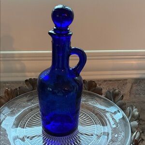 Vintage Colbalt Blue Cruet Bottle with Stopper & Handle-Decorative Art Glass